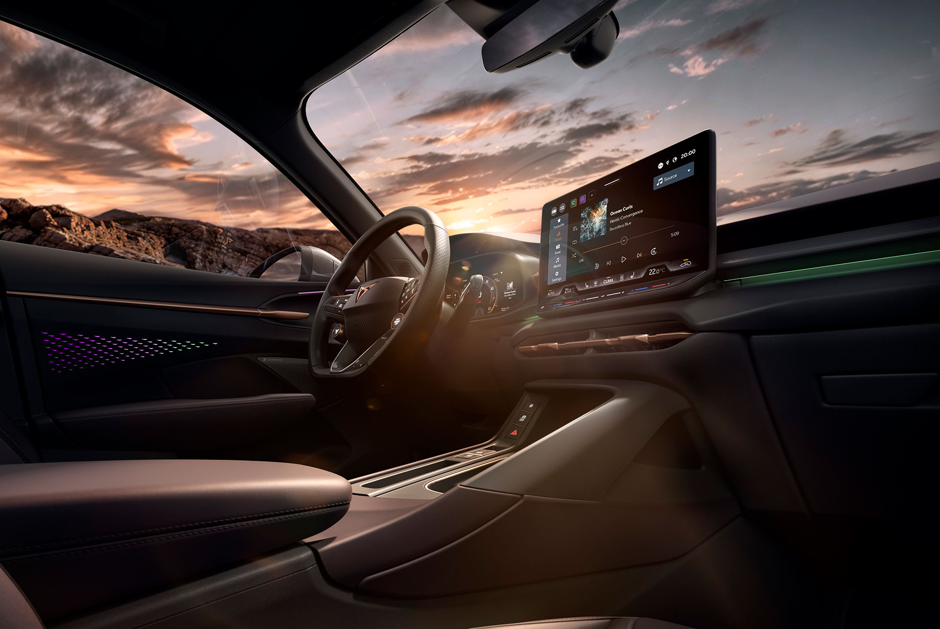 interior del nuevo coche CUPRA Terramar VZ High Canyon, con sistema de Infotainment de 32,7cm (12,9"), salpicadero, volante con levas, botones y función de calefacción.