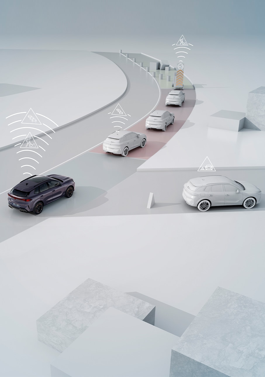 Demostración de la tecnología de comunicación CAR2X en el CUPRA Terramar, donde aparece el vehículo comunicándose con otros coches e infraestructuras para mejorar la seguridad vial y la eficacia del tráfico.