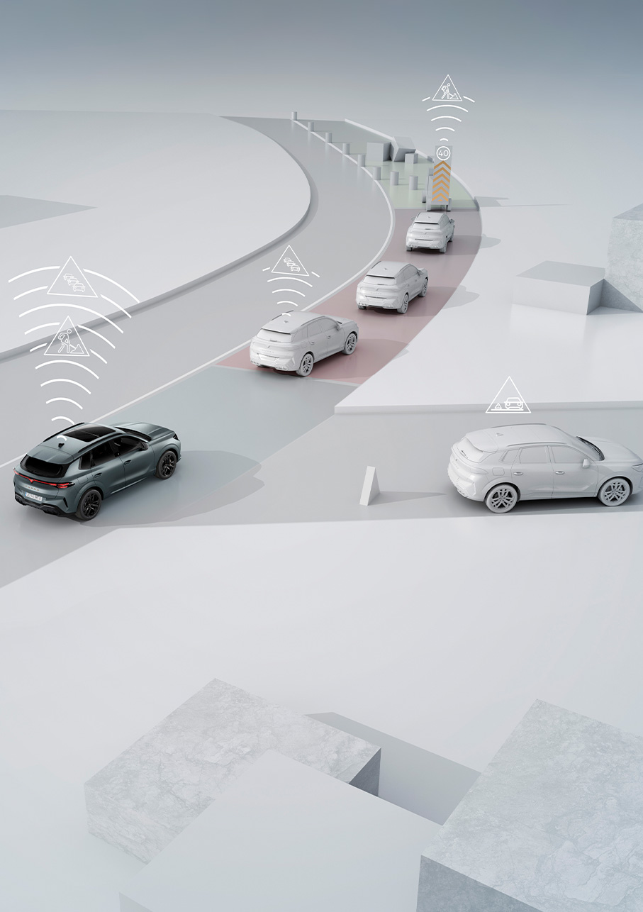 Demostración de la tecnología de comunicación CAR2X en el CUPRA Terramar, donde aparece el vehículo comunicándose con otros coches e infraestructuras para mejorar la seguridad vial y la eficacia del tráfico.